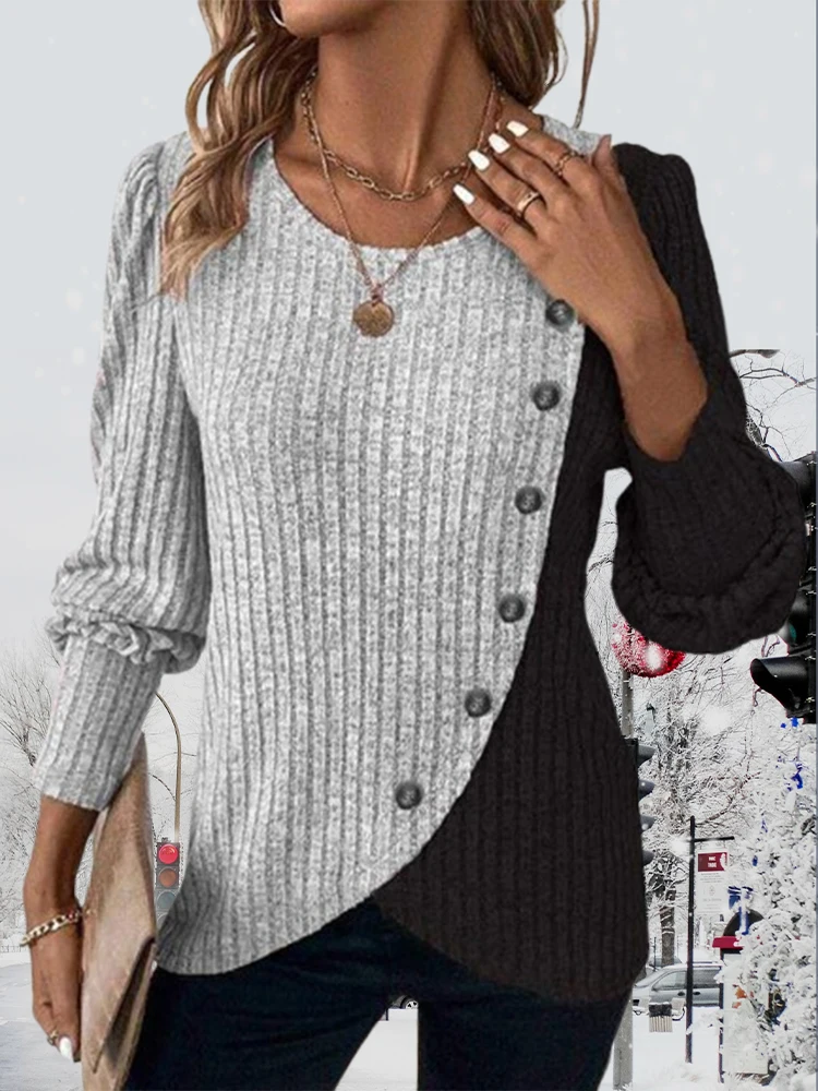 Herbst Langarm Tasten Pit Gestreiften Frauen Pullover Kontrast Farbe Lange Hülse O-ansatz Pullover Lose Einfache Gestrickte Kleidung – Bild 4