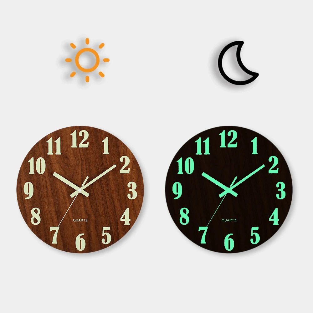 12 Zoll Leuchtende Wanduhr Aus Holz, Geräuschlos, Leuchtet Im Dunkeln, Nordisches Design, Nicht Tickende Uhr Mit Nachtlicht 12 Zoll Leuchtende Wanduhr Aus Holz, Geräuschlos, Leuchtet Im Dunkeln, Nordisches Design, Nicht Tickende Uhr Mit Nachtlicht - Image 5