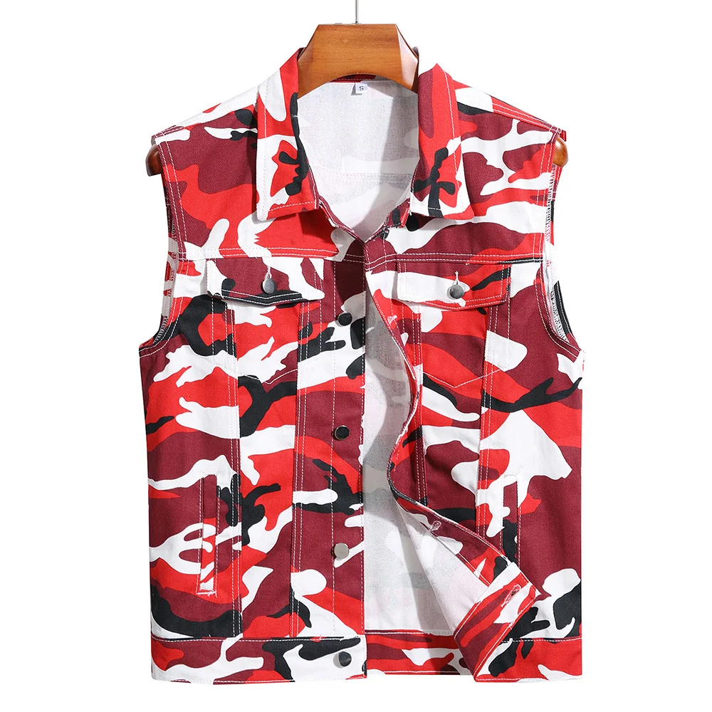 Männer Rot Camouflage Denim Weste Casual Baumwolle Weste Tank Top Männer Rot Camouflage Denim Weste Casual Baumwolle Weste Tank Top