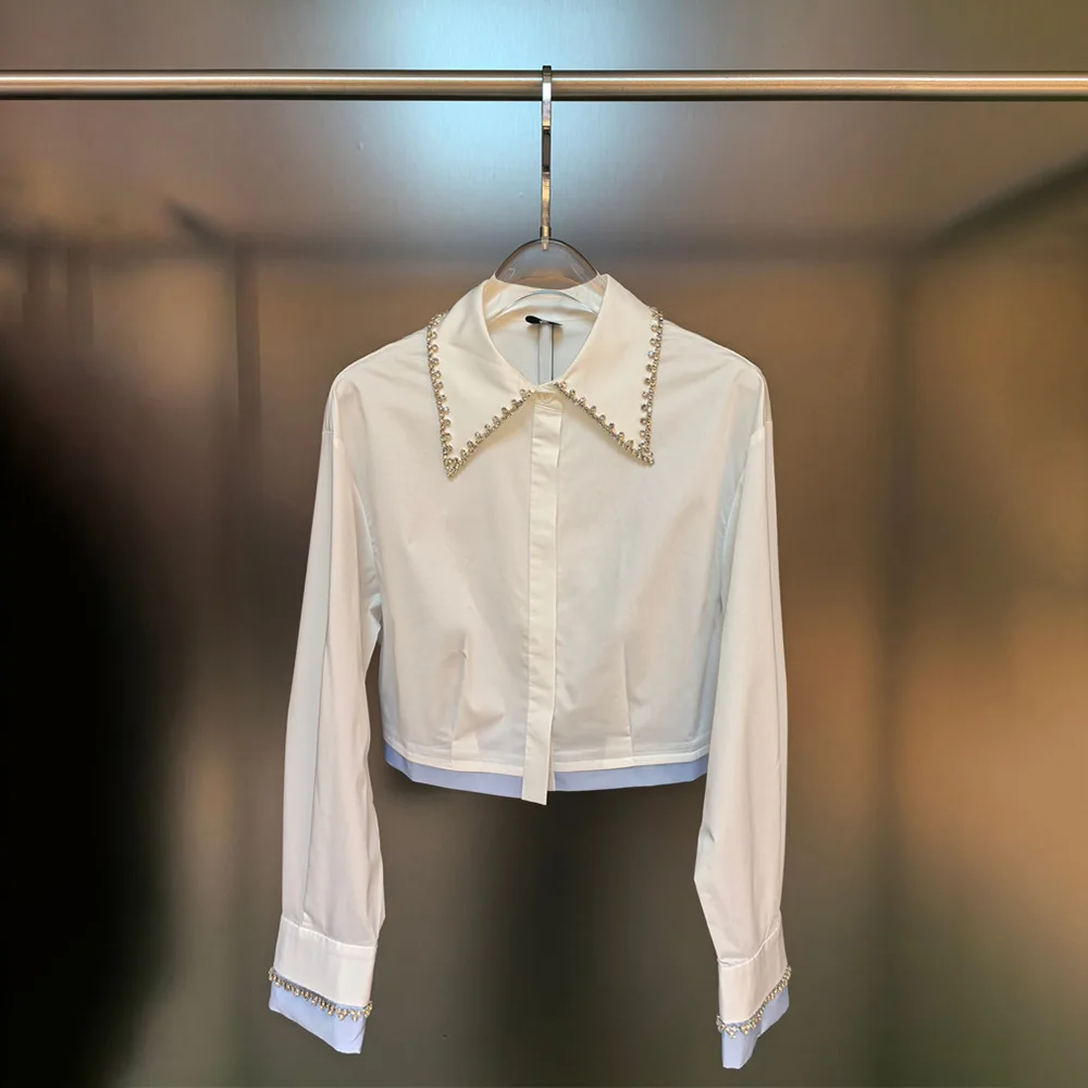 2025 Autumn New Women Slim Fit Short Polo Shirt Long Sleeve Cotton Shirt With Rhinestone Design 2025 Autumn New Women Slim Fit Short Polo Shirt Long Sleeve Cotton Shirt With Rhinestone Design - Image 3