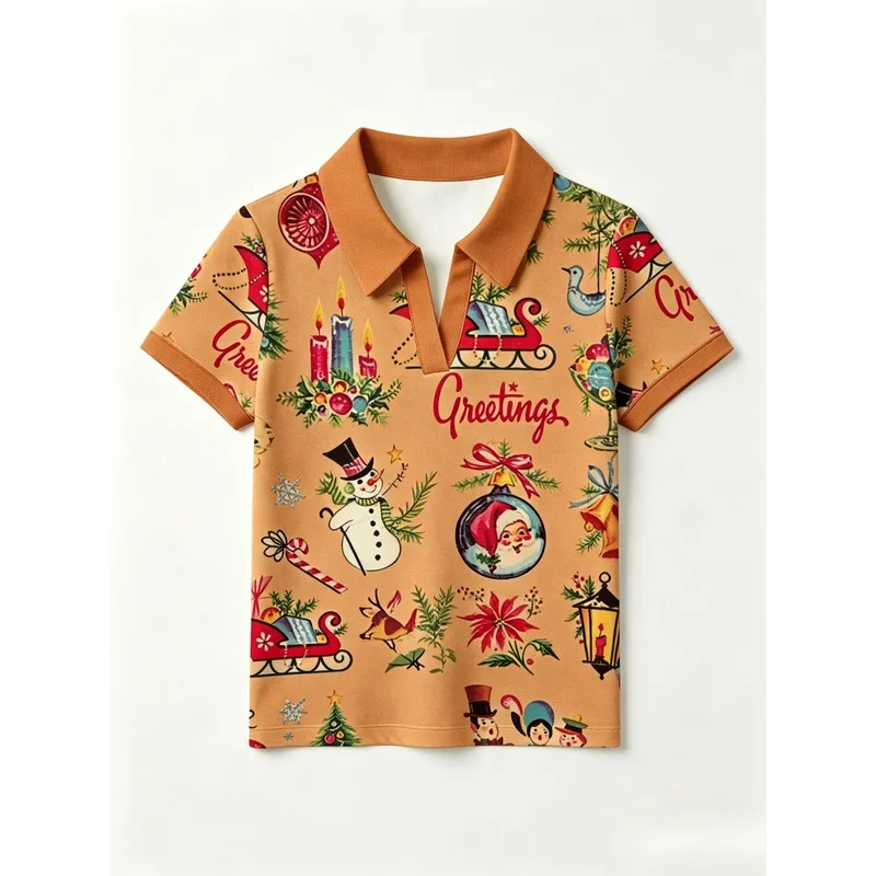 Women'S Vintage Christmas Print Polo Shirt, White Red V-Neck Short Sleeve Collared Casual Holiday Tee For Ladies Women'S Vintage Christmas Print Polo Shirt, White Red V-Neck Short Sleeve Collared Casual Holiday Tee For Ladies - Image 6