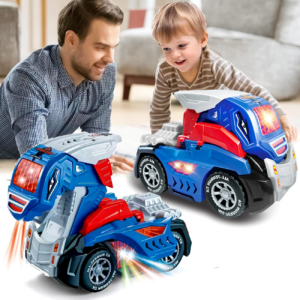 Automatisch transformierendes 2-in-1-Dinosaurier- und Autorobotermodell für Jungen, frühes Lernspielzeug mit Licht und Musik