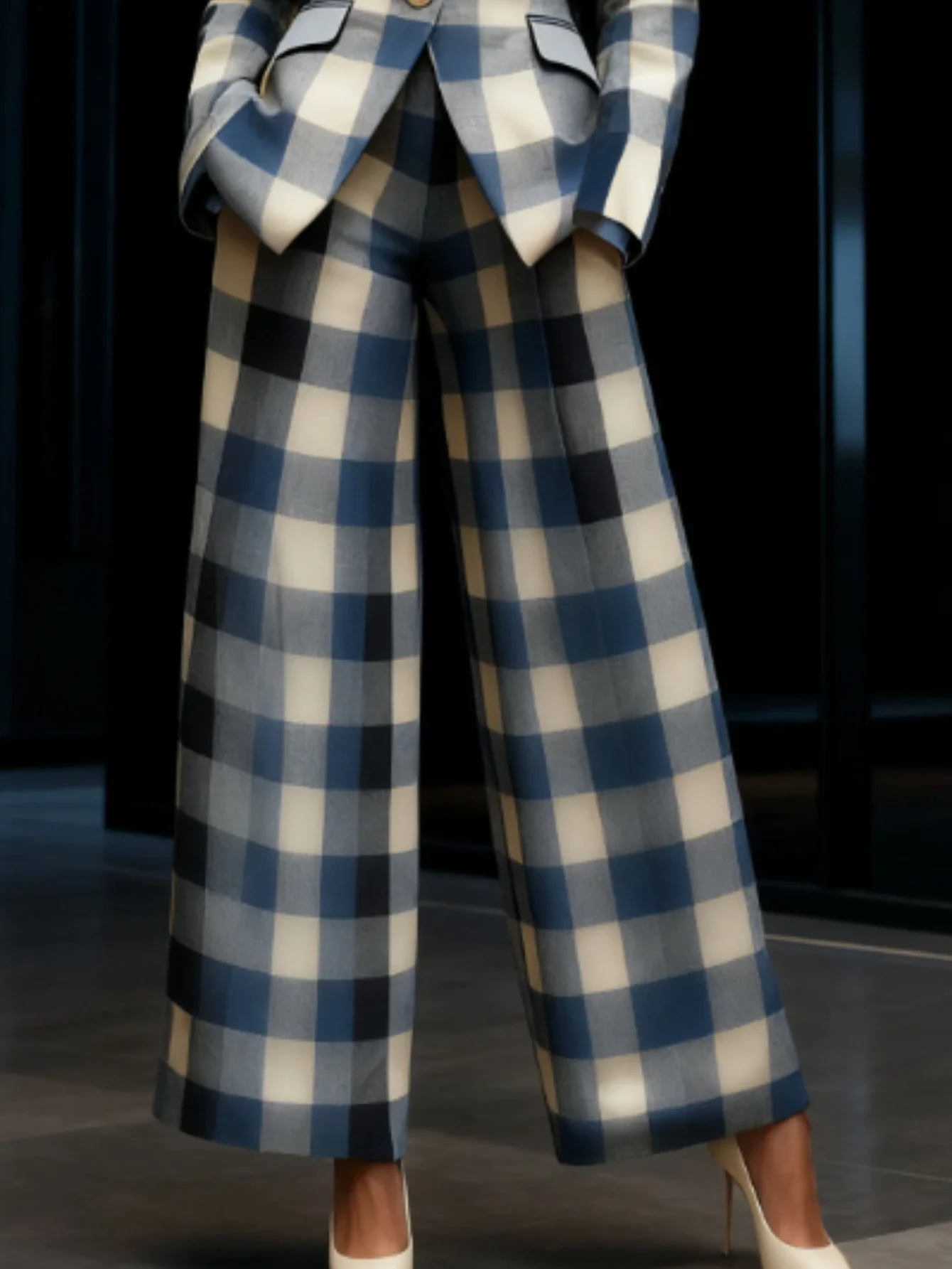 Damen Business-Anzug Kariert: Blazer Mit Einem Knopf Und Hochtaillierte Weite Hose Damen Business-Anzug Kariert: Blazer Mit Einem Knopf Und Hochtaillierte Weite Hose - Image 5
