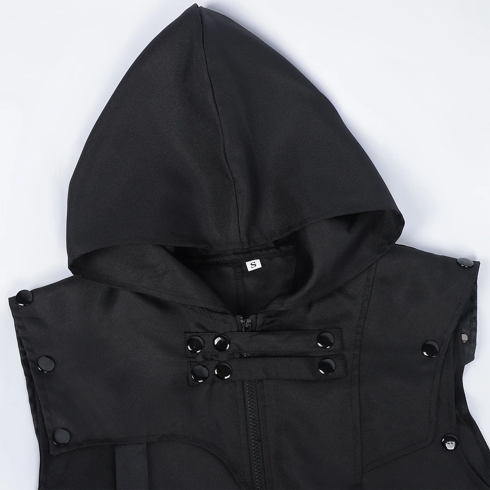 Futuristische Cyberpunk-Techwear Für Männer - Ärmellose Kapuzenweste, Asymmetrischer Schwarzer Mantel Mit Riemen, Streetwear Futuristische Cyberpunk-Techwear Für Männer - Ärmellose Kapuzenweste, Asymmetrischer Schwarzer Mantel Mit Riemen, Streetwear - Image 5