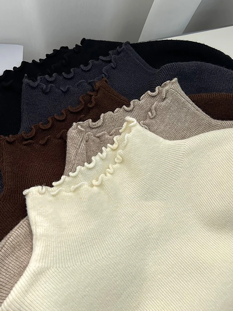 2026 Koreanischer Stil Einfarbiger Lässiger Weicher Pullover Herbst Winter Neue Rollkragenpullover Damen Schlanker Warmer Gerüschter Strickpullover – Bild 5
