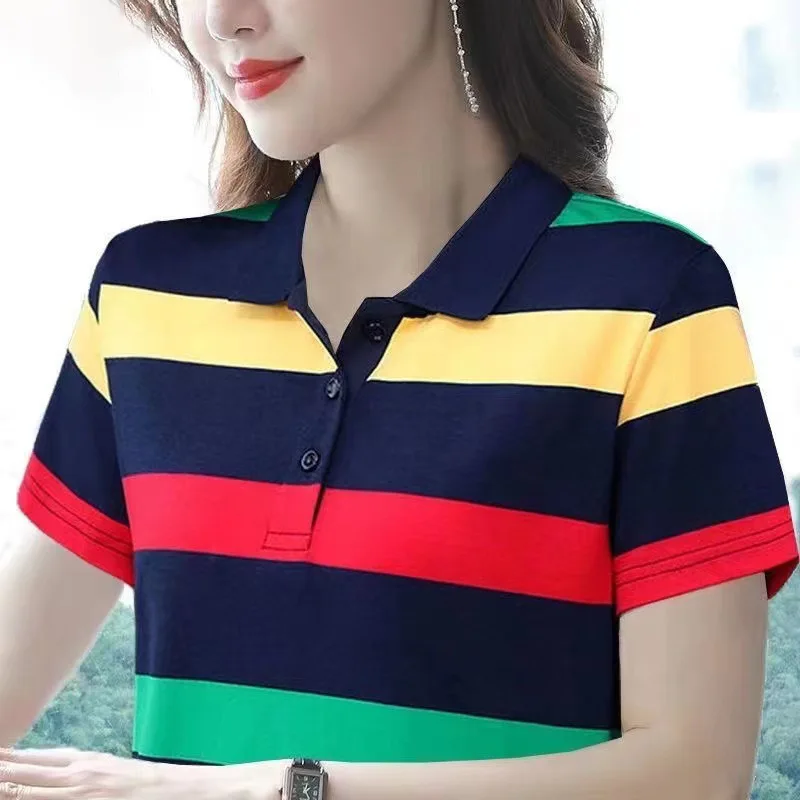 Women Summer Tops Strip Tees Sexy Vintage Short Sleeve 5Xl Polo T Shirts Loose Casual Befree Boho Tees Women Summer Tops Strip Tees Sexy Vintage Short Sleeve 5Xl Polo T Shirts Loose Casual Befree Boho Tees - Image 5