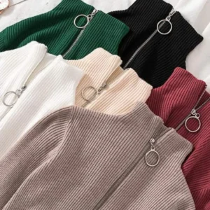 Frauen Mode solide gestrickte Pullover Vintage Langarm Reiß verschluss grundlegende halbe Roll kragen pullover weibliche Pullover schicke lässige Tops