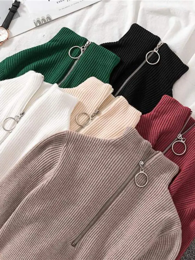 Frauen Mode Solide Gestrickte Pullover Vintage Langarm Reiß Verschluss Grundlegende Halbe Roll Kragen Pullover Weibliche Pullover Schicke Lässige Tops Frauen Mode Solide Gestrickte Pullover Vintage Langarm Reiß Verschluss Grundlegende Halbe Roll Kragen Pullover Weibliche Pullover Schicke Lässige Tops
