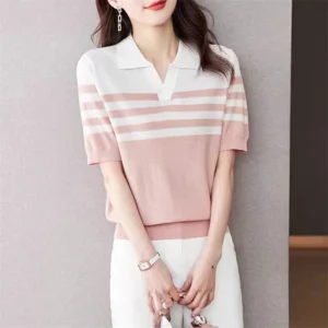 Damen POLO-Kragen T-Shirt Sommer Neu 100% Baumwolle Gestricktes Kurzarm-Freizeithemd Gestreiftes Damen-Pullover mit Kragen Locker Geschnittenes Oberteil