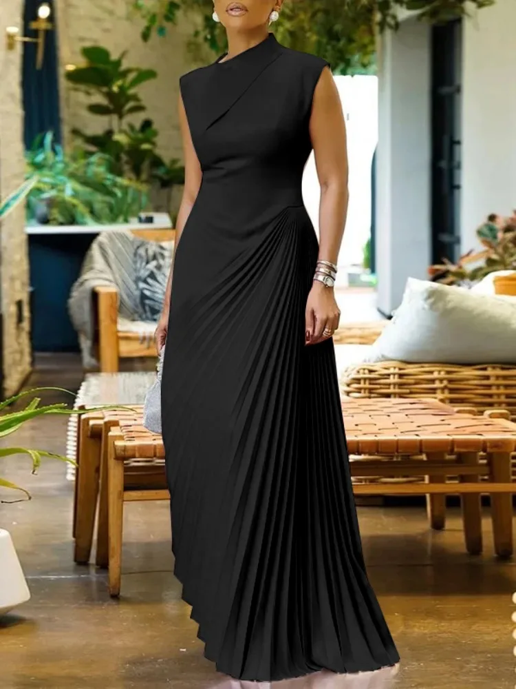 Freeacy 2026 Damen Einfarbiges Ärmelloses Hochgeschlossenes Partykleid Hochgeschnittenes Plissiertes Bodenlange Elegante Abendkleider Freeacy 2026 Damen Einfarbiges Ärmelloses Hochgeschlossenes Partykleid Hochgeschnittenes Plissiertes Bodenlange Elegante Abendkleider – Bild 6