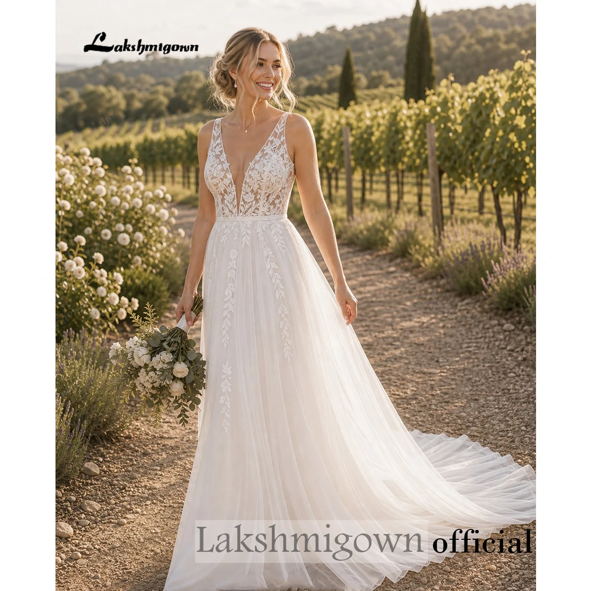 Lakshmigown Sexy Boho Country Tulle Illusion Wedding Dress Deep V‑Neck Sleeveless Lace Appliques Tulle Bridal Gown Customized Lakshmigown Sexy Boho Country Tulle Illusion Wedding Dress Deep V‑Neck Sleeveless Lace Appliques Tulle Bridal Gown Customized – Bild 5