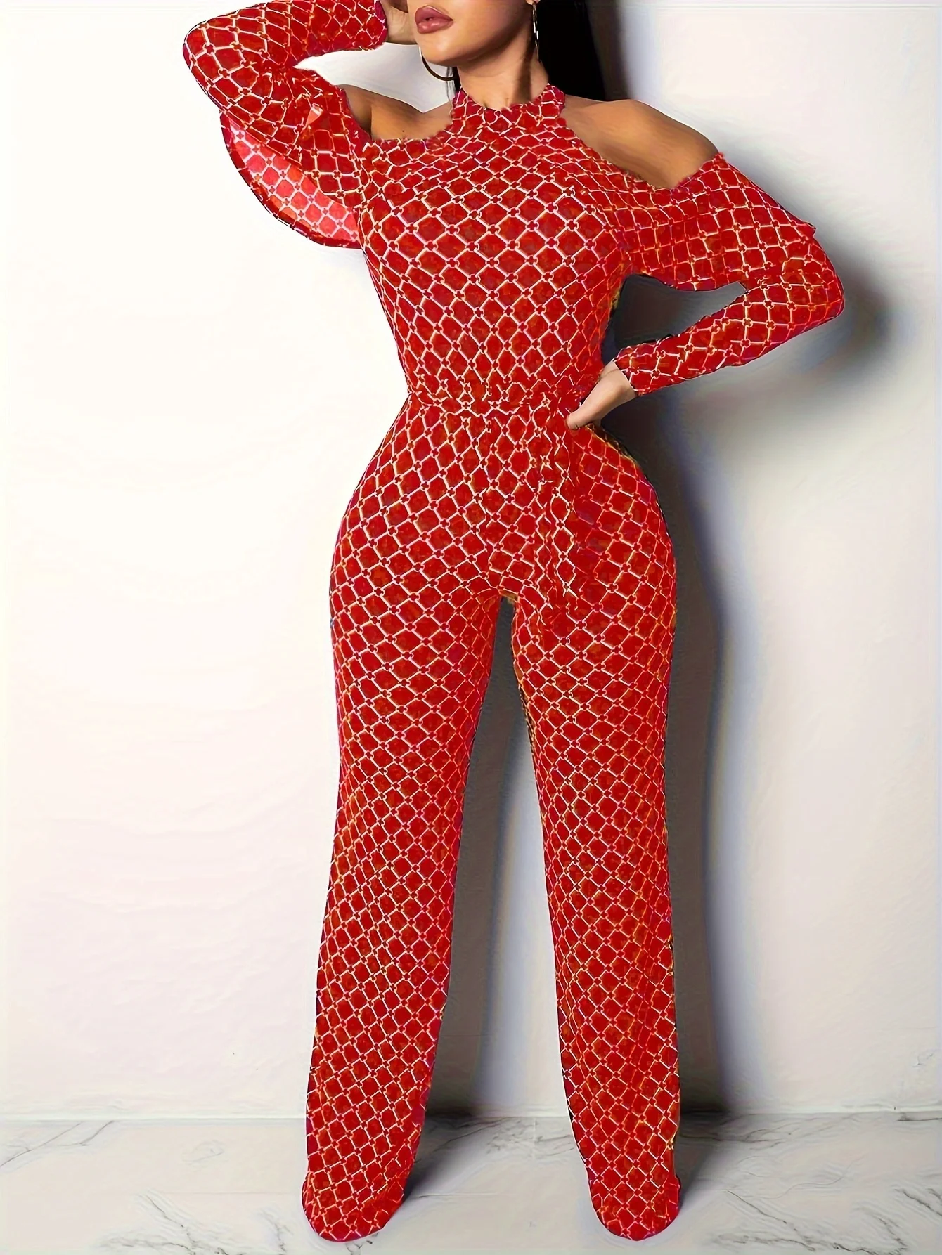 Plaid Print Stram Pler Damen Overall Von Der Schulter Rüschen Langarm Bandage Insgesamt Elegante Gürtel Plus Größe Weites Bein Bodysuit Plaid Print Stram Pler Damen Overall Von Der Schulter Rüschen Langarm Bandage Insgesamt Elegante Gürtel Plus Größe Weites Bein Bodysuit - Image 3