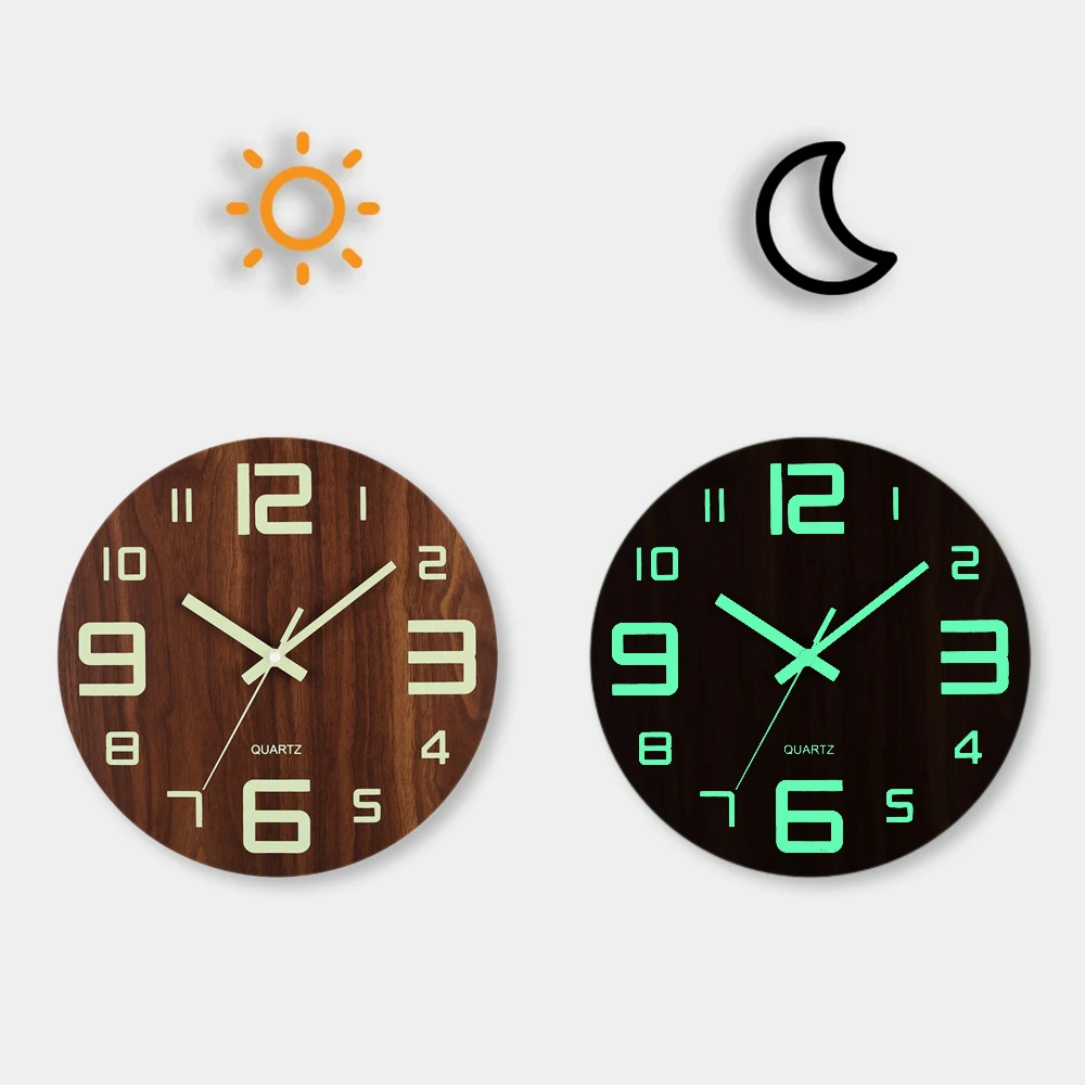 12 Zoll Leuchtende Wanduhr Aus Holz, Geräuschlos, Leuchtet Im Dunkeln, Nordisches Design, Nicht Tickende Uhr Mit Nachtlicht 12 Zoll Leuchtende Wanduhr Aus Holz, Geräuschlos, Leuchtet Im Dunkeln, Nordisches Design, Nicht Tickende Uhr Mit Nachtlicht - Image 3