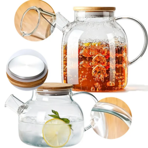 1L/1,8L Glas-Teekanne mit Bambusdeckel, 1 Stück, Glas-Teekessel mit abnehmbarem Filter und Ausgießer für losen Tee, Früchtetee und Dufttee