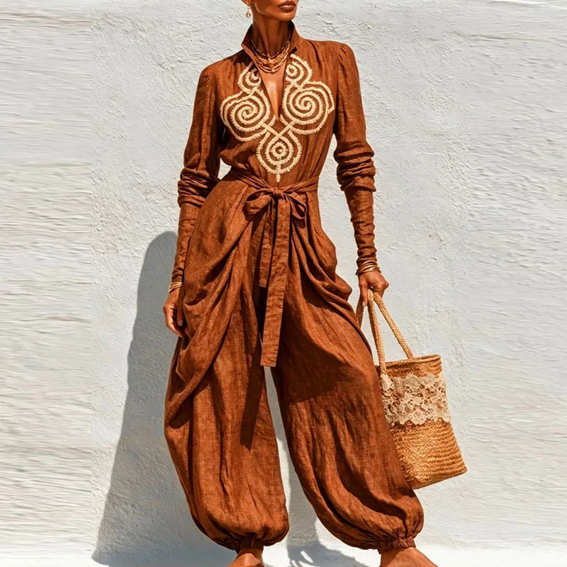 Damen-Jumpsuit Mit Stehkragen, V-Ausschnitt, Ethno-Stil, Langen Ärmeln, Taillengürtel, Haremshose, Ballonhose, Urlaubs-Outfit, Lässiger Einteiler. Damen-Jumpsuit Mit Stehkragen, V-Ausschnitt, Ethno-Stil, Langen Ärmeln, Taillengürtel, Haremshose, Ballonhose, Urlaubs-Outfit, Lässiger Einteiler. - Image 4
