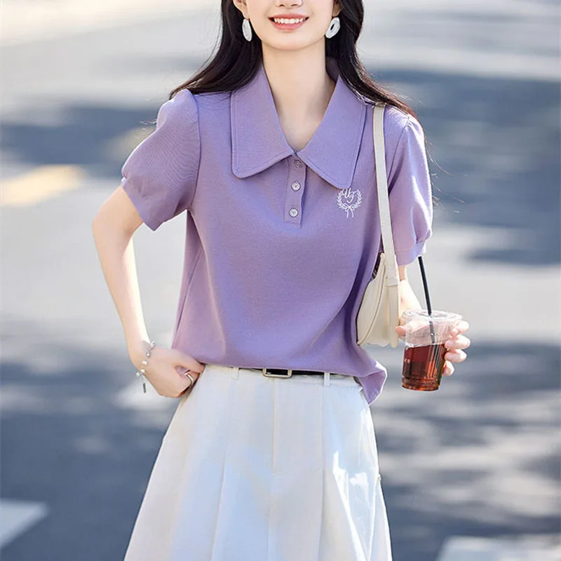 Modische Polohemden Mit Revers Und Stickerei, Puffärmel, Damenbekleidung, Sommer, Neu, Locker, Kurzarm, Freizeit-Tops, Koreanische T-Shirts Modische Polohemden Mit Revers Und Stickerei, Puffärmel, Damenbekleidung, Sommer, Neu, Locker, Kurzarm, Freizeit-Tops, Koreanische T-Shirts - Image 3