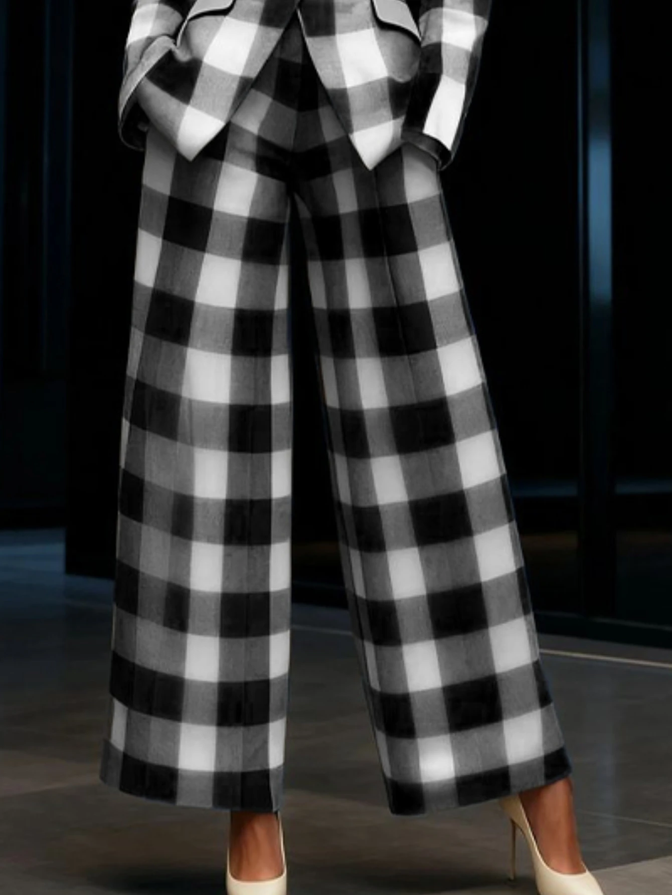 Damen Business-Anzug Kariert: Blazer Mit Einem Knopf Und Hochtaillierte Weite Hose Damen Business-Anzug Kariert: Blazer Mit Einem Knopf Und Hochtaillierte Weite Hose - Image 3