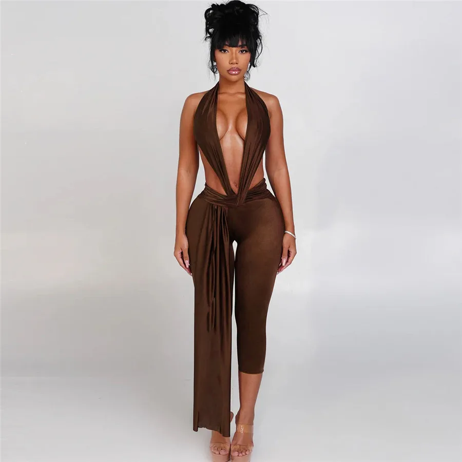 Damen Dessous Bodycon Jumpsuit Einfarbig Ärmellos Tiefer V-Ausschnitt Neckholder Langer Einteiler Rückenfreier Bodycon Schlafanzug Playsuit Damen Dessous Bodycon Jumpsuit Einfarbig Ärmellos Tiefer V-Ausschnitt Neckholder Langer Einteiler Rückenfreier Bodycon Schlafanzug Playsuit - Image 2