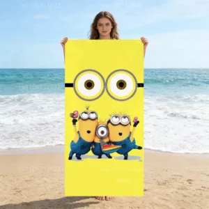 Minions Group Grafik-Strandtuch, Weiches Mikrofaser-Strandtuch, Sandfrei, Wohndekor-Geschenk, Übergroßes Badetuch mit Doppelauge-Minion-Motiv