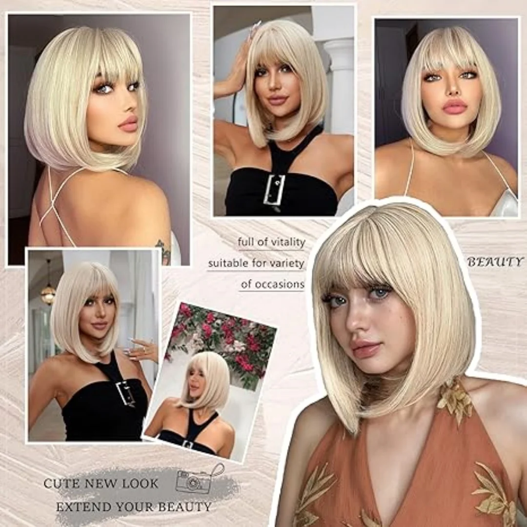 Easihair Bob-Perücke Mit Pony, Kurz Und Glatt, Hellblond-Beige, Hitzebeständig Easihair Bob-Perücke Mit Pony, Kurz Und Glatt, Hellblond-Beige, Hitzebeständig – Bild 6