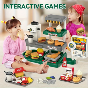 Spielzeug-Fast-Food-Laden mit Kasse, Kaffeemaschine, Burger, Pommes, Hähnchen, Küchenspielzeug, Lernspiel für Kinder, Jungen, Mädchen, Geschenk