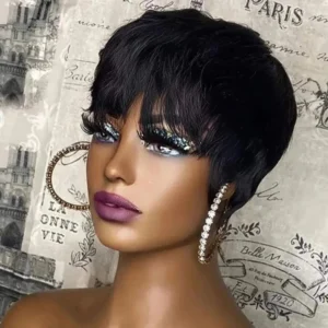Kurze Pixie-Cut-Perücke mit Pony aus Echthaar, naturschwarz, maschinell gefertigt