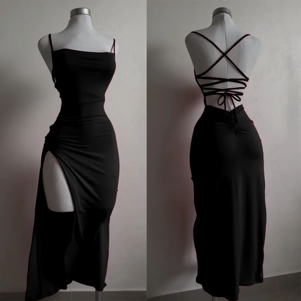 Langes Rückenfreies Damenkleid Mit Schnürung Und Schlitz, Figurbetont Langes Rückenfreies Damenkleid Mit Schnürung Und Schlitz, Figurbetont