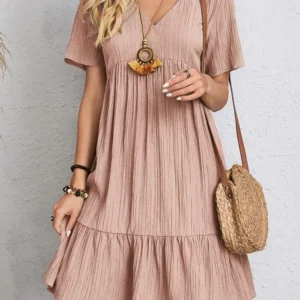 Frauen Elegante Kurzarm V-ausschnitt Rüschen Kleid Sommer Casual Solide Lose Mini Kleid Chic Böhmischen Sommerkleid Strand Party Vestidos