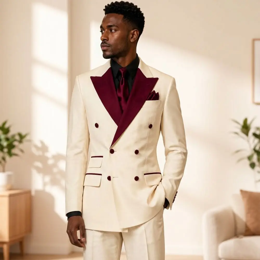 Elegant Double Breasted White Suits For Men Luxury Satin Lapel Groom 2 Pieces Mix Match Separates Hotel Wedding Banquet Style Elegant Double Breasted White Suits For Men Luxury Satin Lapel Groom 2 Pieces Mix Match Separates Hotel Wedding Banquet Style - Image 3