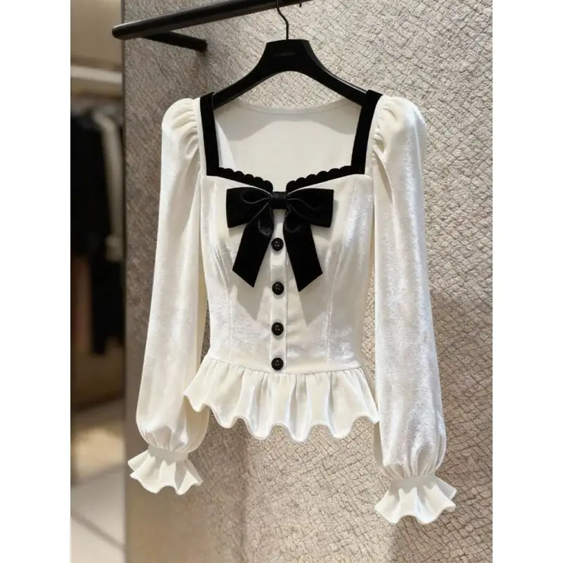 Temperament Bow Contrast Patchwork Long Sleeve Tops Tees Autumn Winter New Button Elegant T Shirts Fashion Korean Women Clothing Temperament Bow Contrast Patchwork Long Sleeve Tops Tees Autumn Winter New Button Elegant T Shirts Fashion Korean Women Clothing