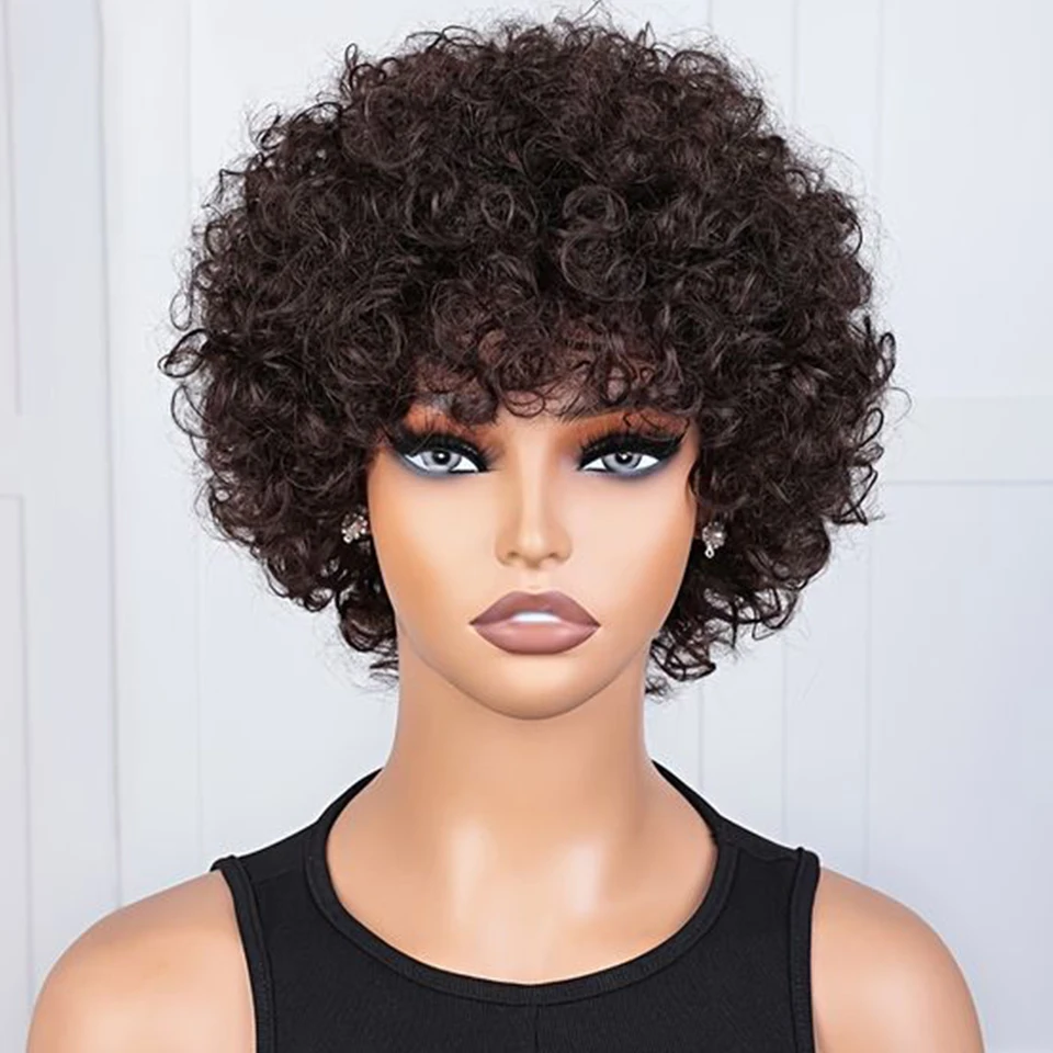 Kurze Afro-Locken Bob-Perücke Mit Pony, Echthaar (Remy), Naturbraun, Wear And Go Kurze Afro-Locken Bob-Perücke Mit Pony, Echthaar (Remy), Naturbraun, Wear And Go - Image 4