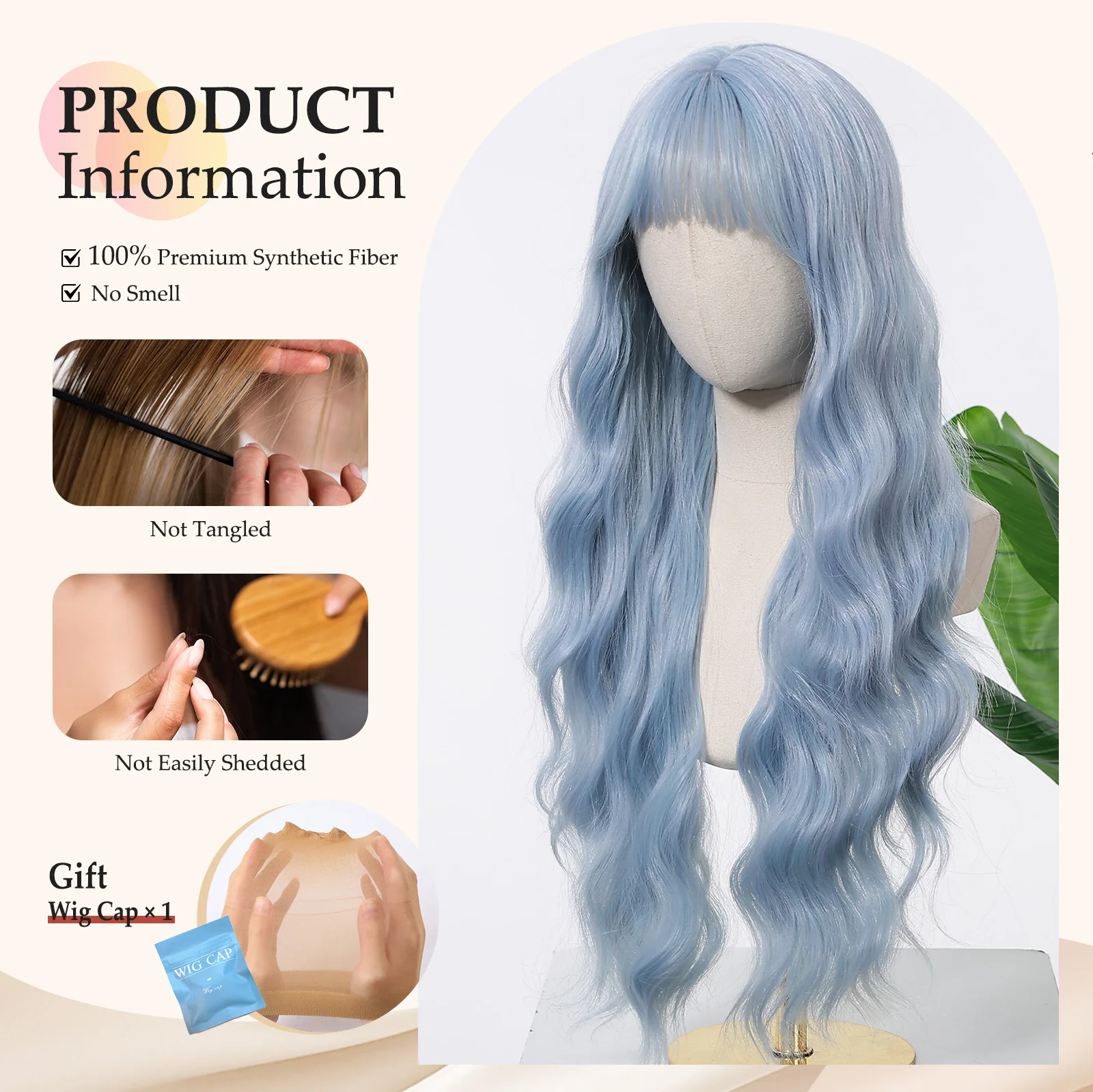 Allbell Magique Blue Hair Wig With Bangs Long Wavy Synthetic Wig Baby Blue Curly Wig For Women Daily Party Use Heat Resistant Allbell Magique Blue Hair Wig With Bangs Long Wavy Synthetic Wig Baby Blue Curly Wig For Women Daily Party Use Heat Resistant - Image 4