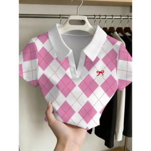 2026 Pink Diamond Print Women's Short Sleeve Shirt Polo Shirt, Fashionable, Casual, and Versatile T-Shirt