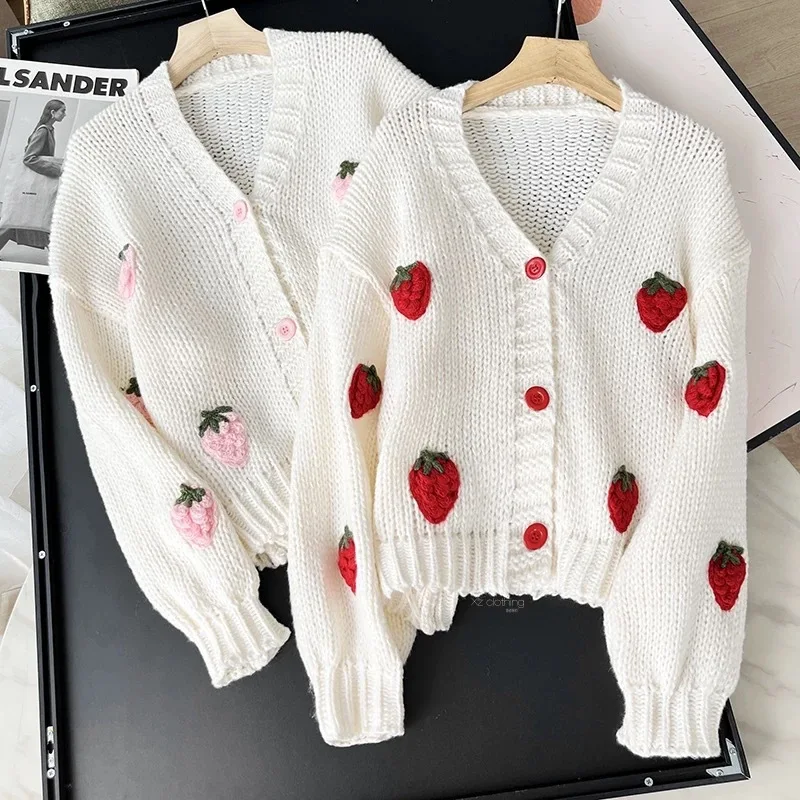 Süße Erdbeere, langärmelig, lose Strickjacken für Damen, Frühling und Herbst 2026, V-Ausschnitt, einreihig, Preppy-Stil, gestrickte Tops