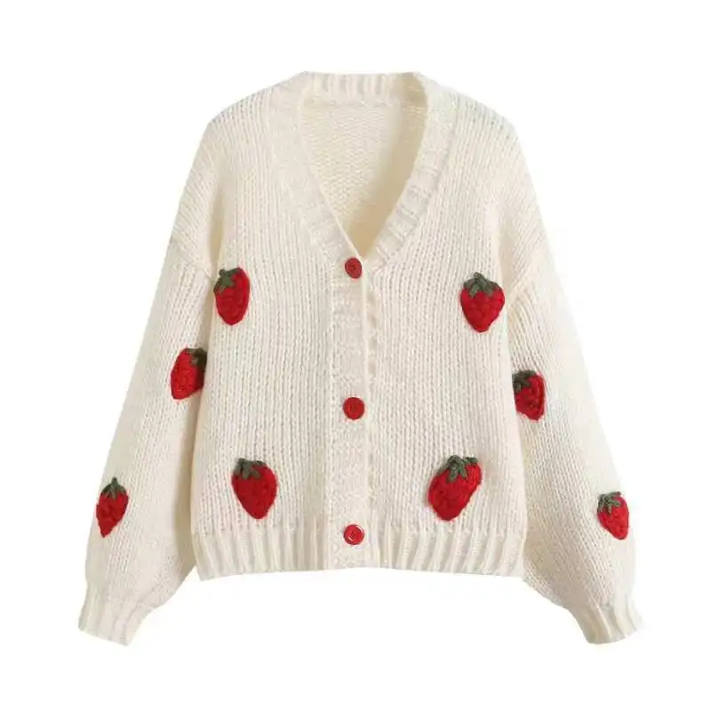 Süße Erdbeere, langärmelig, lose Strickjacken für Damen, Frühling und Herbst 2026, V-Ausschnitt, einreihig, Preppy-Stil, gestrickte Tops – Bild 8