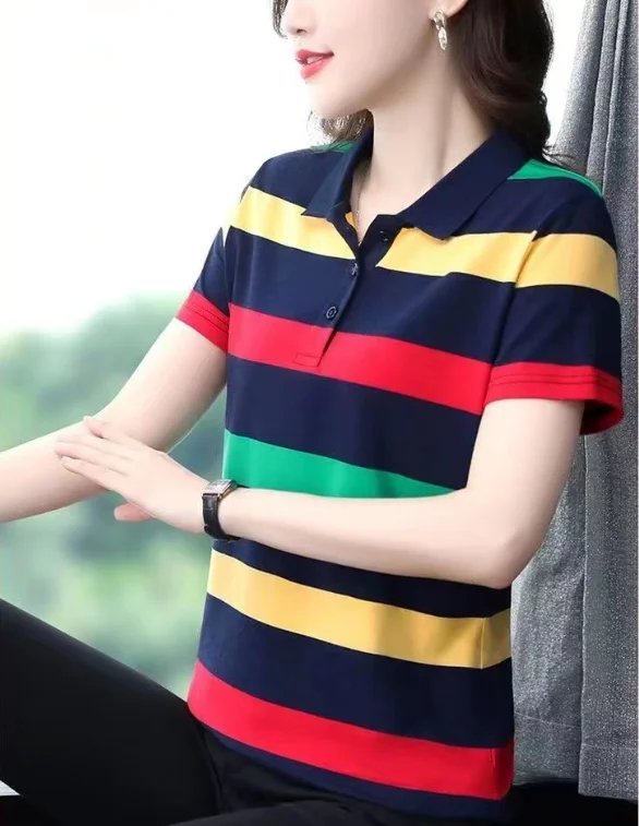 Women Summer Tops Strip Tees Sexy Vintage Short Sleeve 5Xl Polo T Shirts Loose Casual Befree Boho Tees Women Summer Tops Strip Tees Sexy Vintage Short Sleeve 5Xl Polo T Shirts Loose Casual Befree Boho Tees - Image 4