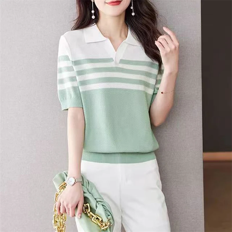 Damen Polo-Kragen T-Shirt Sommer Neu 100% Baumwolle Gestricktes Kurzarm-Freizeithemd Gestreiftes Damen-Pullover Mit Kragen Locker Geschnittenes Oberteil Damen Polo-Kragen T-Shirt Sommer Neu 100% Baumwolle Gestricktes Kurzarm-Freizeithemd Gestreiftes Damen-Pullover Mit Kragen Locker Geschnittenes Oberteil - Image 6