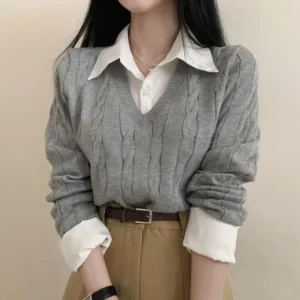 Koreanische Chic Frühling und Herbst Alter-Reduzierung Pullover Retro Temperament Preppy Gefälschte Zwei Stücke Shirts Twist Stricken frauen y2k Tops