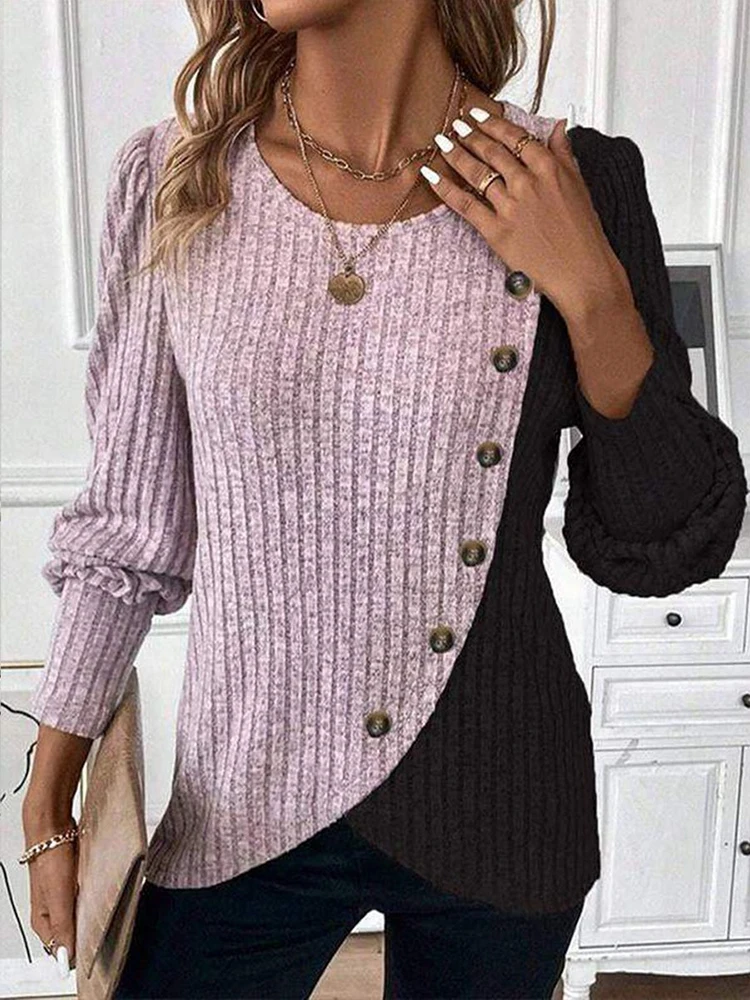 Herbst Langarm Tasten Pit Gestreiften Frauen Pullover Kontrast Farbe Lange Hülse O-ansatz Pullover Lose Einfache Gestrickte Kleidung – Bild 3