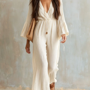 Boho Crinkle Textured Jumpsuit V‑Neck Long Sleeve High Waist Loose Wide Leg Pants Casual Holiday Beach  Daily One Piece Set