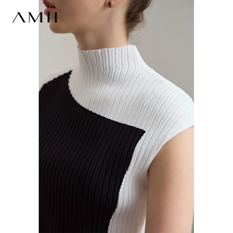 Amii Minimalistische farblich passende Damen-Strickpullover 2025, Herbst, neuer ärmelloser Pullover, halb-Rollkragenpullover, schmales Oberteil 12542001 – Bild 3