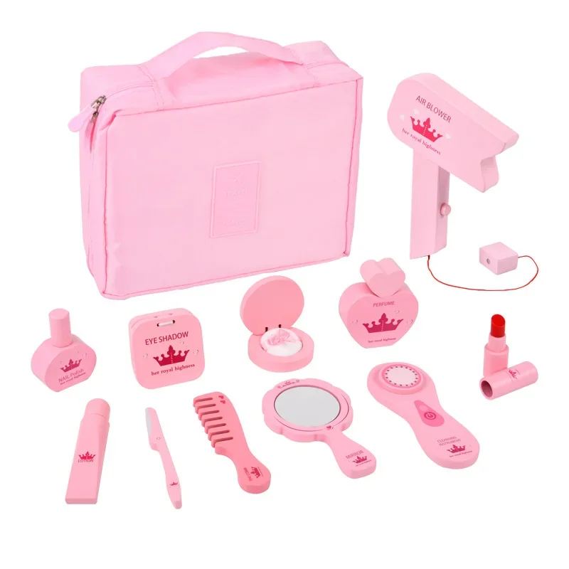 Schminkset Aus Holz Mit Rosa Kosmetiktasche – Rollenspiel-Spielzeug Für Mädchen Schminkset Aus Holz Mit Rosa Kosmetiktasche – Rollenspiel-Spielzeug Für Mädchen