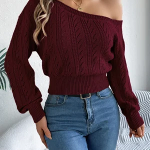 Herbst Winter Lässiger Eleganter Schulterfreier Langarm-Strickpullover für Damen