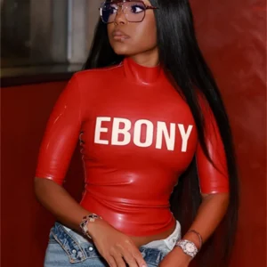 Cutenew Faux Leather T-Shirt Women Fashion Trend Letter Print Turtleneck Half Sleeve Sexy Hottie Wild Midnight Street Club Tees
