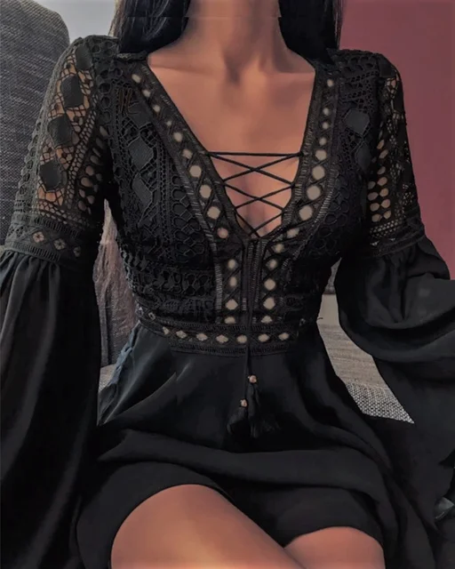 Women'S A Line Dress Short Mini Dress White Black Red Long Sleeve Solid Color Ruffle Patchwork Chiffon Spring Summer Slim V Neck Women'S A Line Dress Short Mini Dress White Black Red Long Sleeve Solid Color Ruffle Patchwork Chiffon Spring Summer Slim V Neck - Image 2