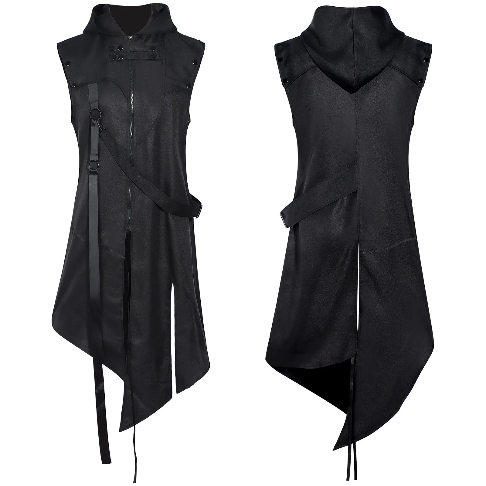 Futuristische Cyberpunk-Techwear Für Männer - Ärmellose Kapuzenweste, Asymmetrischer Schwarzer Mantel Mit Riemen, Streetwear Futuristische Cyberpunk-Techwear Für Männer - Ärmellose Kapuzenweste, Asymmetrischer Schwarzer Mantel Mit Riemen, Streetwear - Image 3