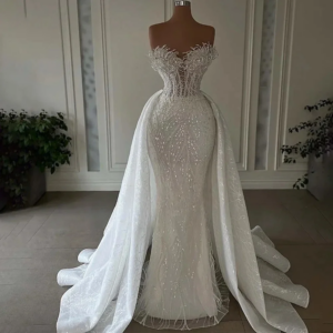 Detachable African Wedding Dresses Black Girls Mermaid Lace Pearls Aso Ebi Women Bridal Gowns Vestido De Novia Customized 2026