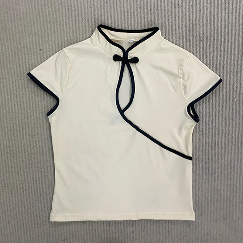 Damen-Bluse Im Chinesischen Stil, Beige, Cheongsam-Bluse, Vintage-Stil, Stehkragen, Kurze Ärmel, Bauchfreies Oberteil Mit Asymmetrischem Froschknopf Und Schlüsselloch Damen-Bluse Im Chinesischen Stil, Beige, Cheongsam-Bluse, Vintage-Stil, Stehkragen, Kurze Ärmel, Bauchfreies Oberteil Mit Asymmetrischem Froschknopf Und Schlüsselloch - Image 5