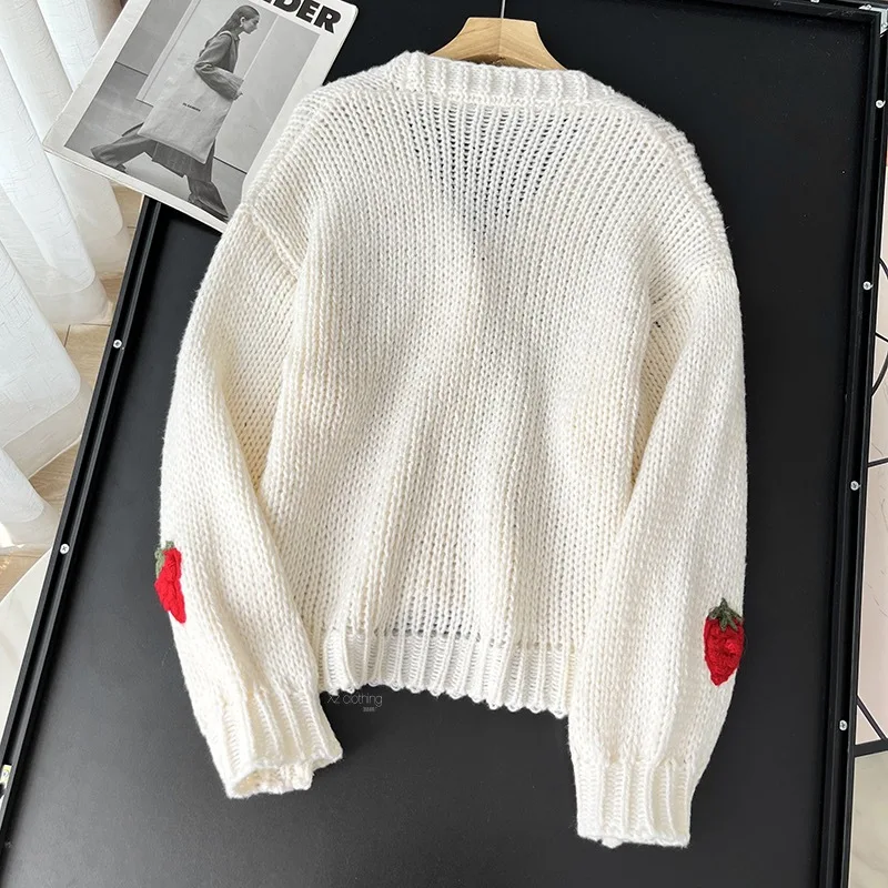 Süße Erdbeere, langärmelig, lose Strickjacken für Damen, Frühling und Herbst 2026, V-Ausschnitt, einreihig, Preppy-Stil, gestrickte Tops – Bild 3