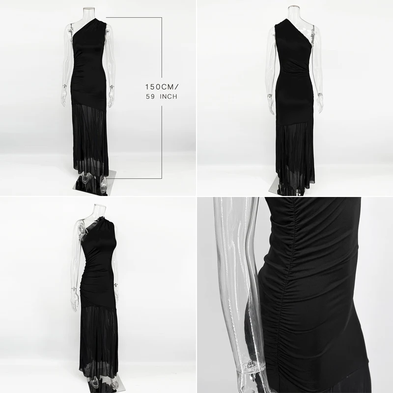Ticketsx Schulterfreies, durchsichtiges Kleid, solide, hohe Taille, Patchwork, rückenfrei, schlankes langes Kleid, Damen, Urlaub, Party, Abendkleider – Bild 2